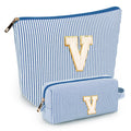 2 PCS Initial Makeup Bags for Women: Cosmetic Bag for Travel Toiletry - Birthday Gifts for 11 12 13 14 15 16 17 18 Years Old Girl Graduation Teacher Gift- Teen Girl Gifts Trendy Stuff - Blue V