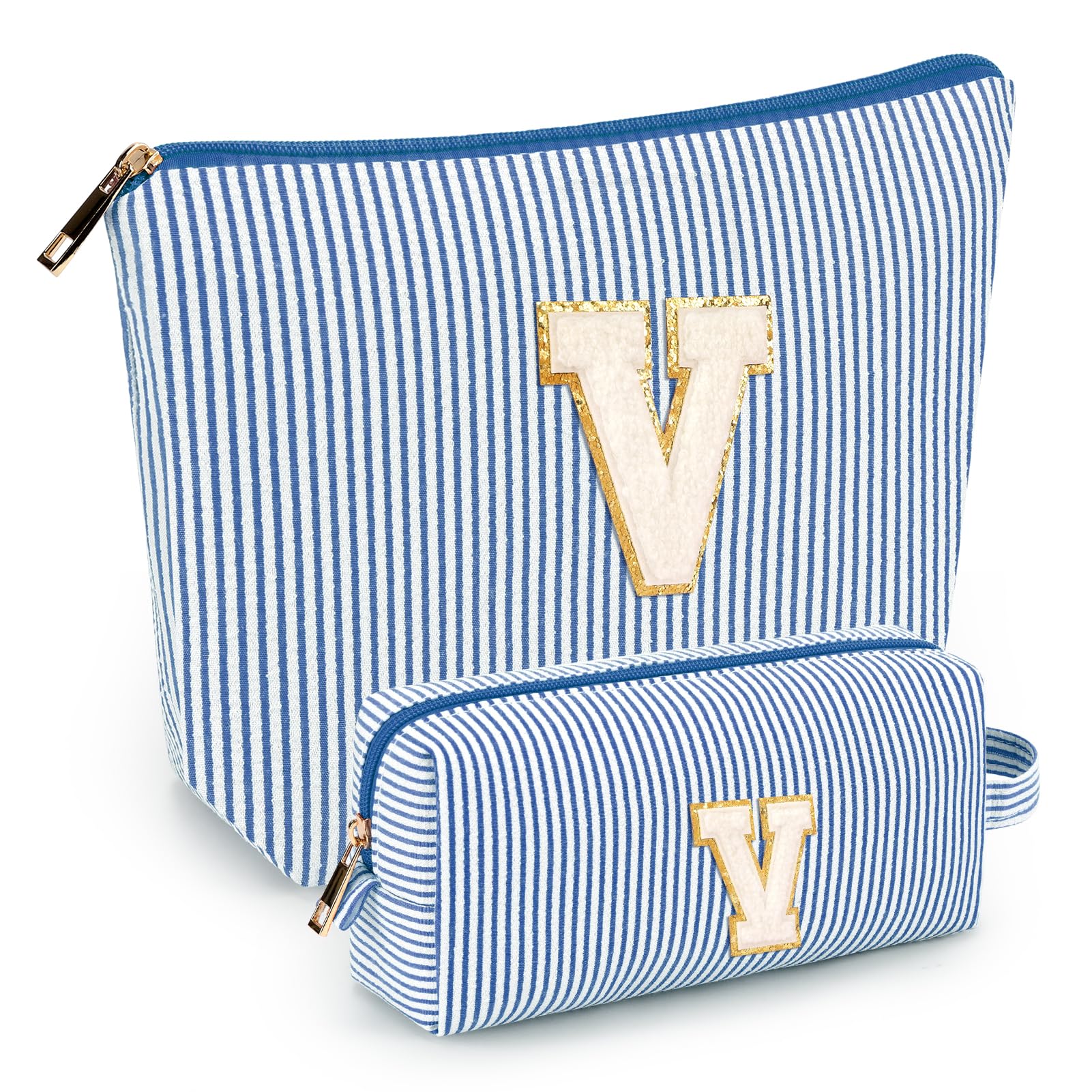 2 PCS Initial Makeup Bags for Women: Cosmetic Bag for Travel Toiletry - Birthday Gifts for 11 12 13 14 15 16 17 18 Years Old Girl Graduation Teacher Gift- Teen Girl Gifts Trendy Stuff - Blue V