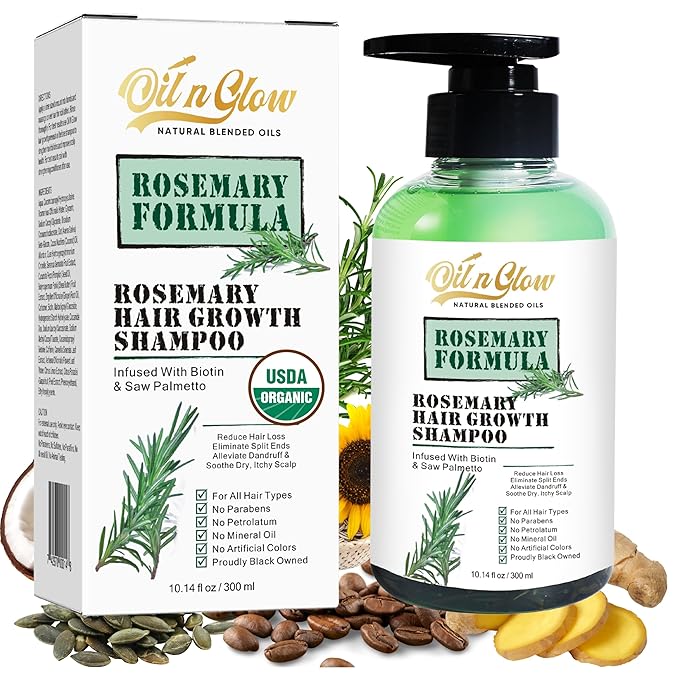 OilnGlow USDA Organic Rosemary Shampoo For Hair Growth For Thickening & Strengthening for Men & Women with Biotin, Scalp DHT Blocker Saw Palmetto For Thinning Hair Loss 10 Fl. Oz- Fragrance Free