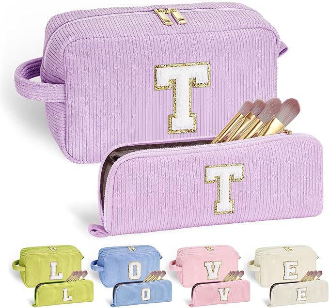YOOLIFE 2 Pieces Travel Makeup Bag - Make Up Bag Mini Cosmetic Bags for Women Makeup Brush Bag Travel Bag Cute Small Makeup Bag Unique Gifts Teacher Gifts Friend Birthday Gifts for Women Her Letter T