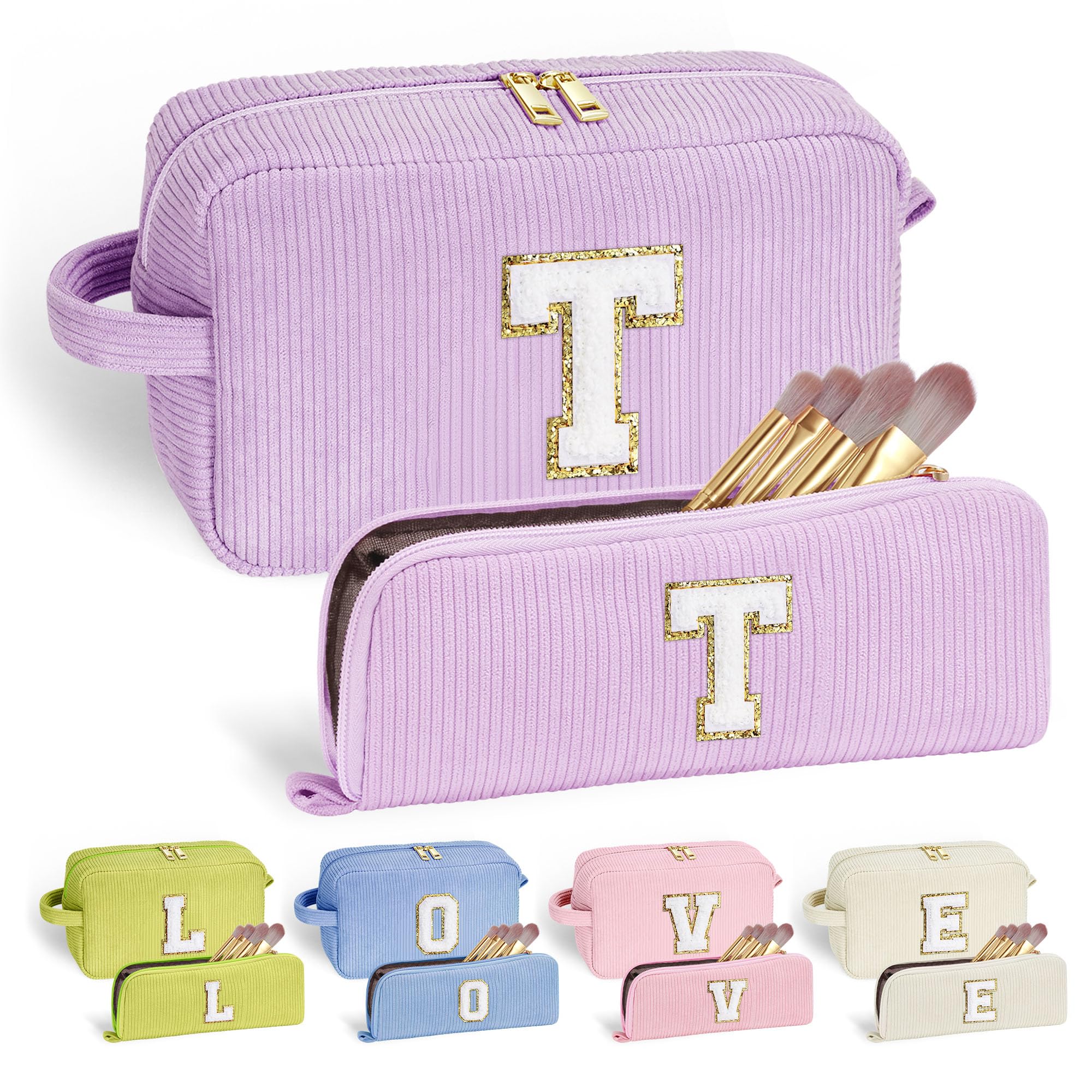 YOOLIFE 2 Pieces Travel Makeup Bag - Make Up Bag Mini Cosmetic Bags for Women Makeup Brush Bag Travel Bag Cute Small Makeup Bag Unique Gifts Teacher Gifts Friend Birthday Gifts for Women Her Letter T