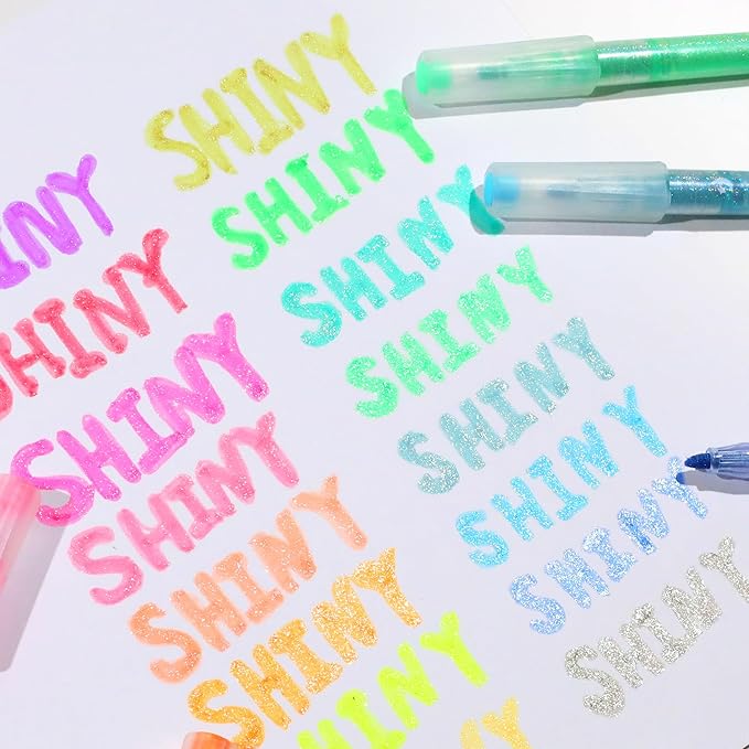HANKU Glitter Highlighters, 16-Count, Chisel Tip Glitter Highlighters Assorted Colors, Sparkly Pastel Highlighter Markers for Adults Journaling Coloring Drawing Doodling