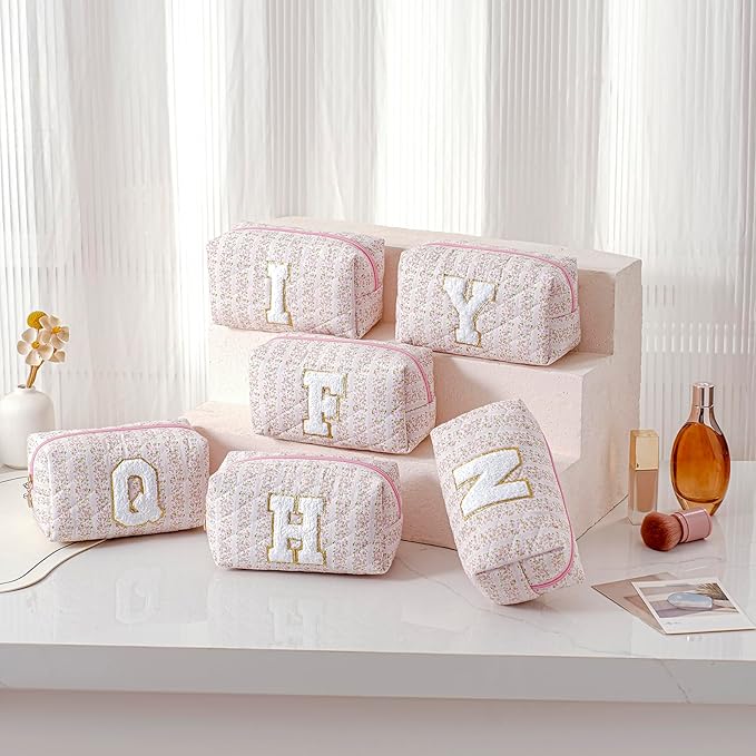 JOVAKIT Alphabet Makeup Bag Cosmetic Bag for Women, Christmas Gifts for Girls Age 6-18, Floral Flowers Coquette Travel Toiletry Zipper Make Up Pouch Organizer Trendy Stuff (Pink Floral Y)
