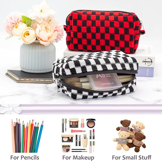 Checkered Makeup Bag for Purse, Small Travel Cosmetic Pouch,Black,6 Pack