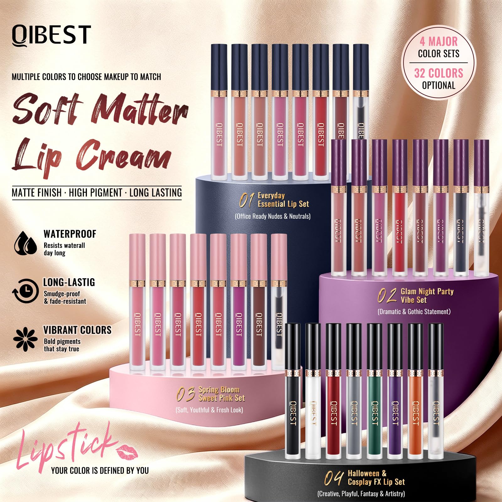 QiBest 7Pcs Matte Liquid Lipstick wiith 1Pc Lip Plumper Makeup Set, Dark Black Purple Lipstick Goth Halloween Lip Set Waterproof Lip Gloss Kit Pigmented Long Lasting Lipstick Makeup for Women & Girls