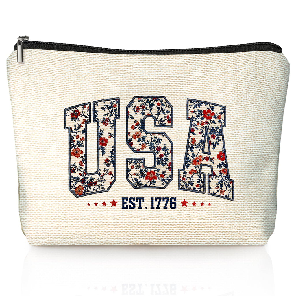 LIANGW Retro Floral USA 4th of July Makeup Bag, America Patriotic Cosmetic Bags for Women, Red White and Blue USA Toiletry Bag for Women, cosmetic bag, makeup case
