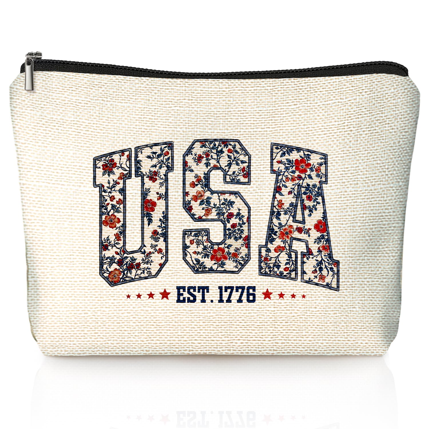 LIANGW Retro Floral USA 4th of July Makeup Bag, America Patriotic Cosmetic Bags for Women, Red White and Blue USA Toiletry Bag for Women, cosmetic bag, makeup case