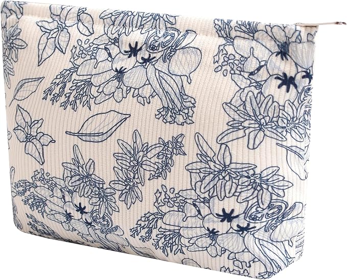 Gardsell Cosmetic Bags for Women - Corduroy Cosmetic Bag Aesthetic Women Handbags Purses Smile Dots Makeup Organizer Storage Makeup Bag Girls Case Bags (Flowers-Navy blue)