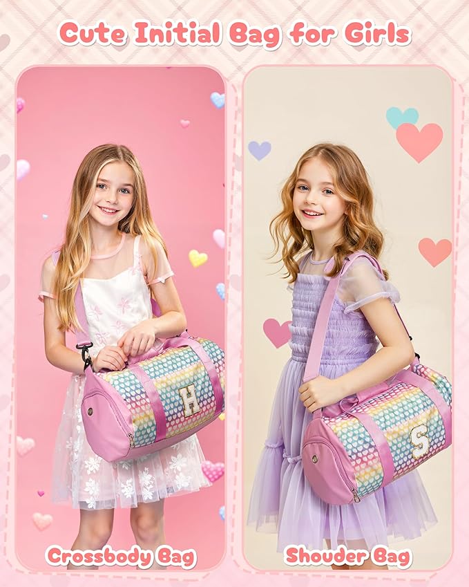 Christmas Gifts for Grandkids, Girls Travel Duffel Bag, Kids Initial Overnight Bags with Shoe Compartment, Personalized Weekender Bag with Makeup Pouch, Gift for 8 Year Old Girl (Letter S)