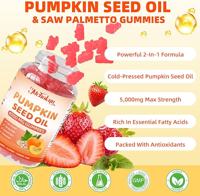 Mchokuu Pumpkin Seed Oil Supplement Gummies with Saw Palmetto for Hair Growth & Skin Health Support, High Pure Extract for Women & Men Extra Strength Pumpkin Seed, Strawberry Flavor, 60 Count