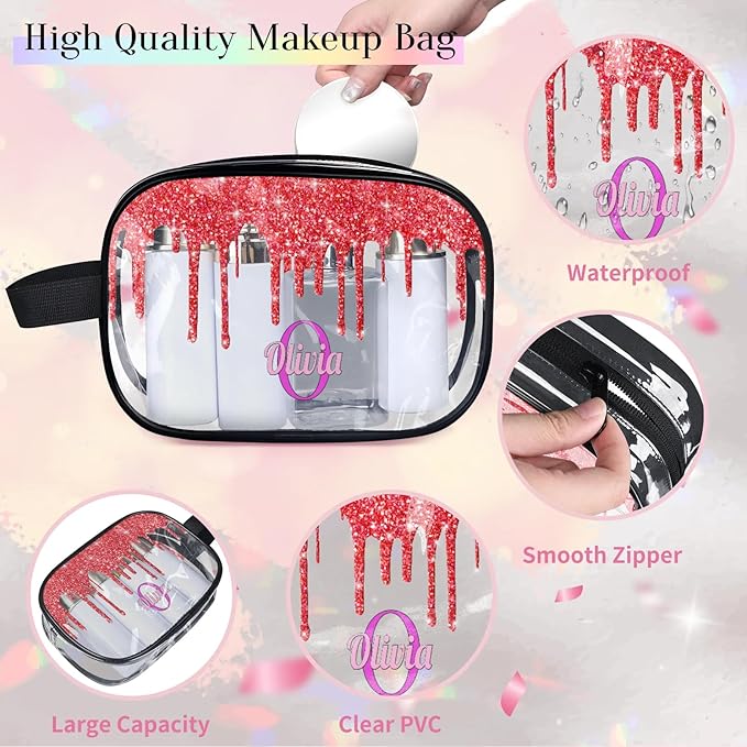 KFNHN Custom Clear Travel Cosmetic Bag with Name, Personalized Transparent Large Capacity Weekend Toiletry Bag Portable Bathroom Makeup Organizer, Shiny Sparkly Fluid Shape Red Glittering