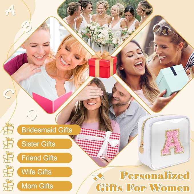 Personalized Initial Letter Clear Preppy Makeup Bag,Mini Nylon Chenille Letter Cosmetic Bag Cute Zipper Pouch Purse for Teen Girls,Portable TSA Approved Beach Travel Essentials Bag Gift for Women,A