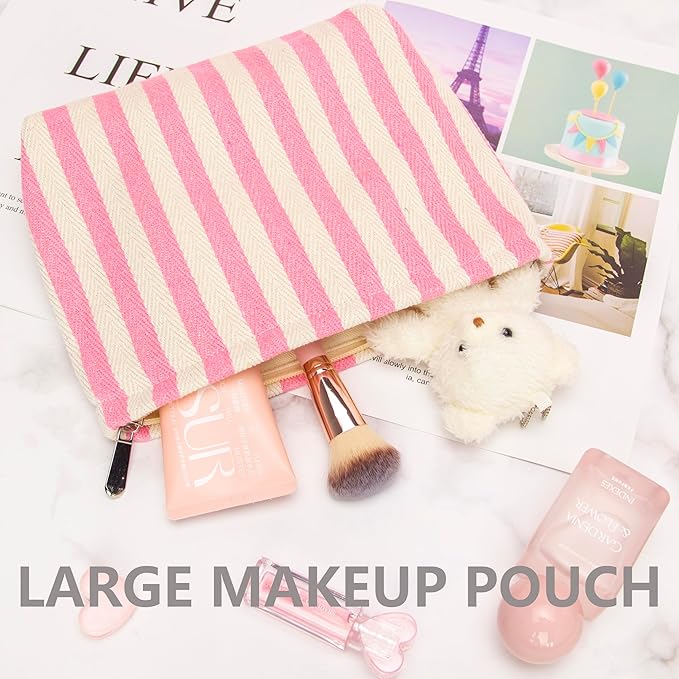 Flat Makeup Bag for Women,Zipper Cosmetic Pouch for Purse,Stripe Pink