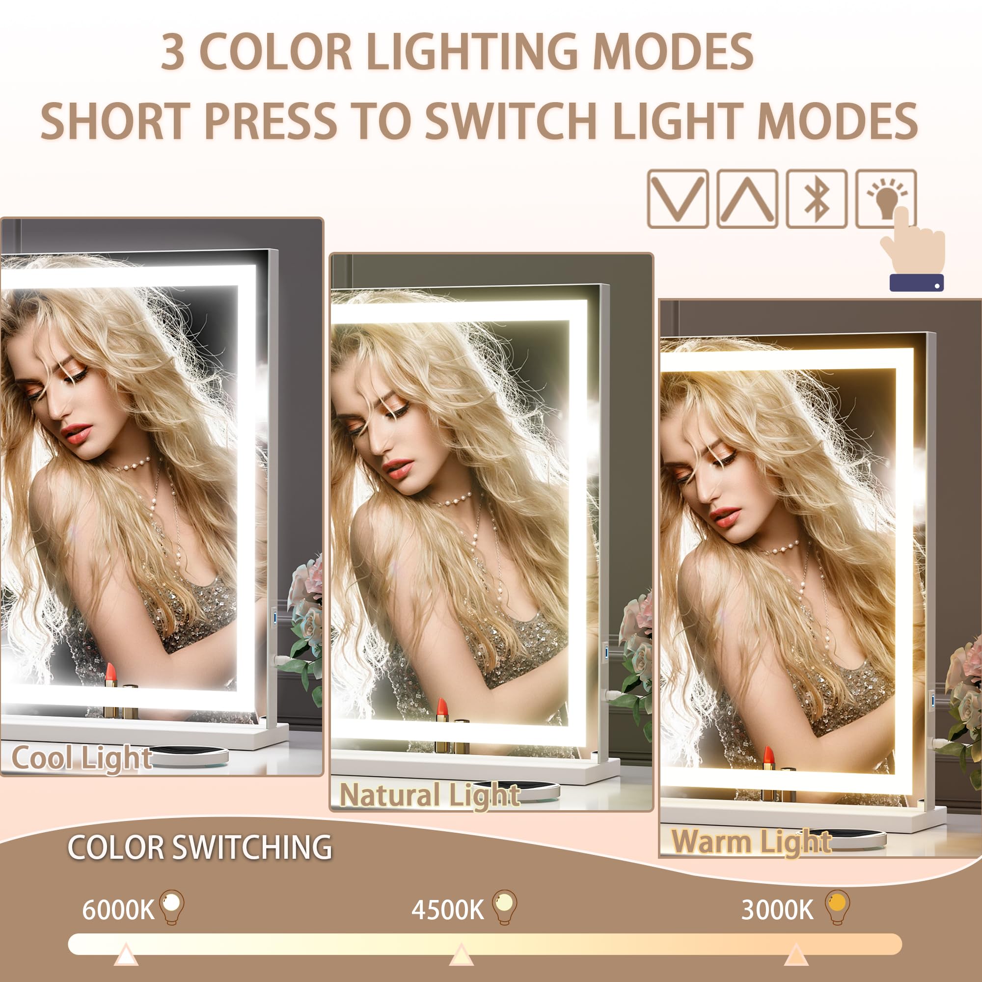 Hasipu Vanity Mirror with Lights and Bluetooth Speaker, 37" x 25.6" LED Makeup Mirror, Lighted Makeup Mirror with Dimmable 3 Modes, Touch Screen Control Vanity Mirror Square White