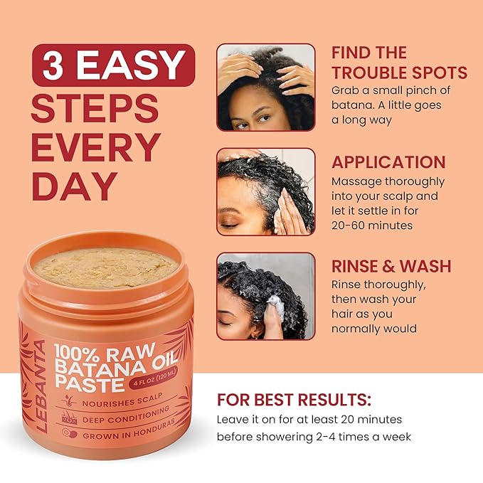 Lebanta Raw Batana Oil for Hair Growth - 100% Pure, Organic 4oz Batana from Honduras for Thick and Strong Natural Hair - Dr. Sebi Unrefined Cold Pressed Cosmetic Scalp Mask for Men & Women (2 Pack)