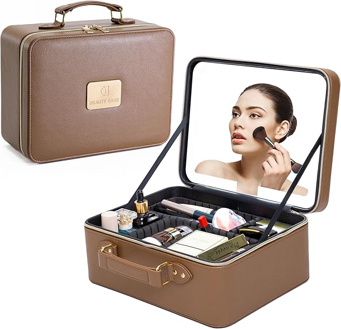 ZhenGuiRu Travle Makeup Bag with LED Mirror, Makeup Train Case with Light Up Mirror, Portable Waterproof Makeup Organizer with Adjustable Dividers, Cosmetic Brush Holder Storage for Women Gift