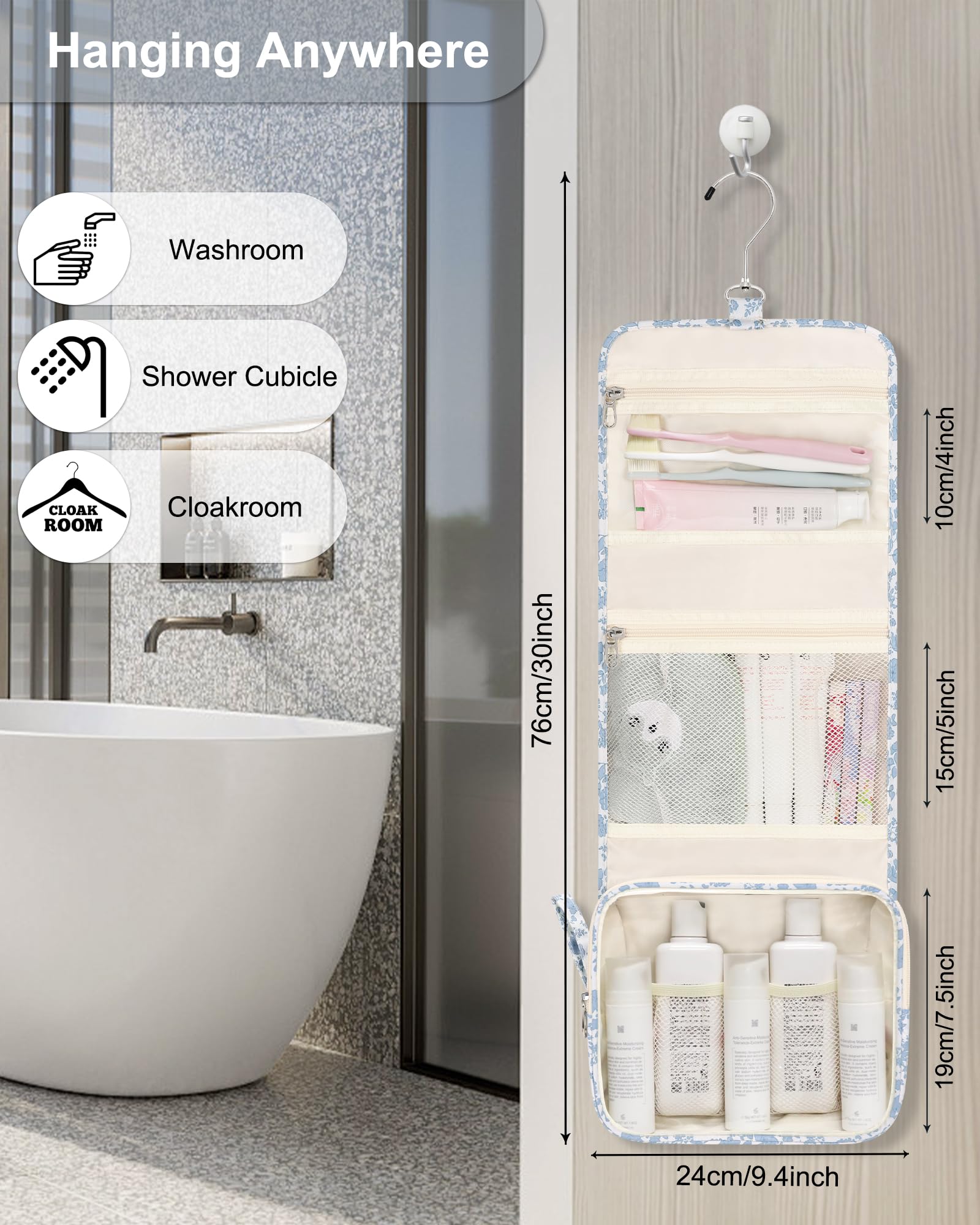 Relavel Small Hanging Toiletry Bag for Women, Floral Hanging Organizer