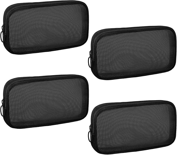 Sinzip 4 Pieces Mini Zipper Nylon Mesh Pouch, Mesh Cosmetic Bags Makeup Bags, Multipurpose Travel Toiletry Bags for Office Supplies and Travel Accessories (Black, M)