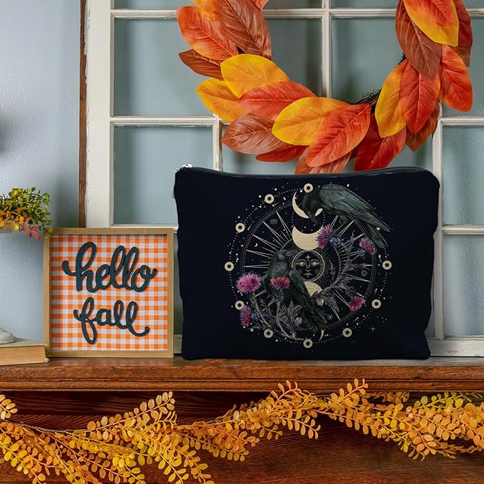 RYYCDOI Goth Raven Makeup Bag, Celestial Sun and Moon Phase Witchy Makeup Bag for Women, Witch Stuff, Halloween Black Crow Floral Cosmetic Bag Toiletry Bag for Women, Black