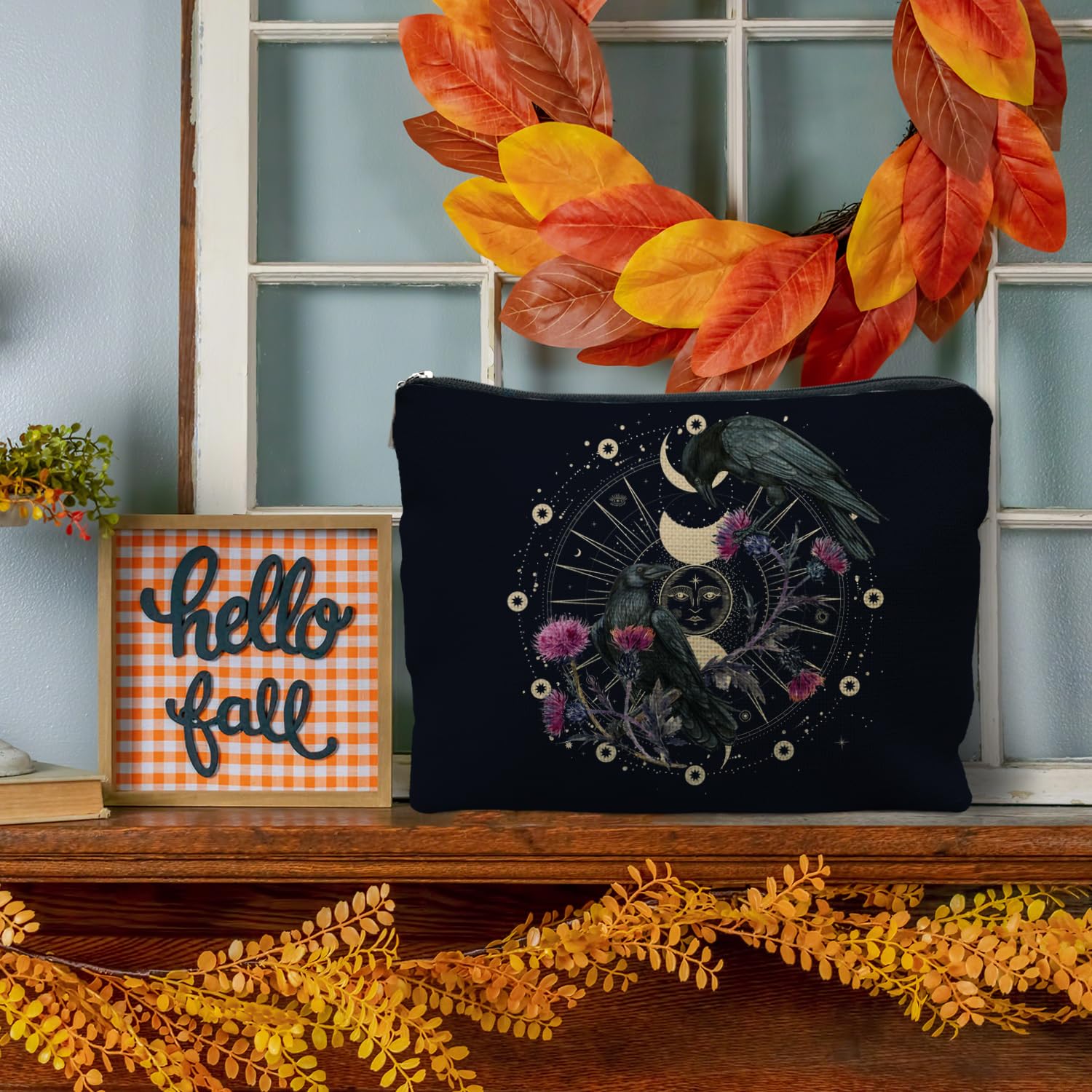 RYYCDOI Goth Raven Makeup Bag, Celestial Sun and Moon Phase Witchy Makeup Bag for Women, Witch Stuff, Halloween Black Crow Floral Cosmetic Bag Toiletry Bag for Women, Black