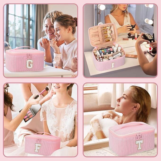 OCHEAL Makeup Bag for Women, Monogram Cosmetic Bag with Brush Holder, Pink Travel Makeup Case Beauty Toiletry Bag Organizer Personalized Gifts for Girls Bridesmaid, Sister, Wife, Friends Initial J