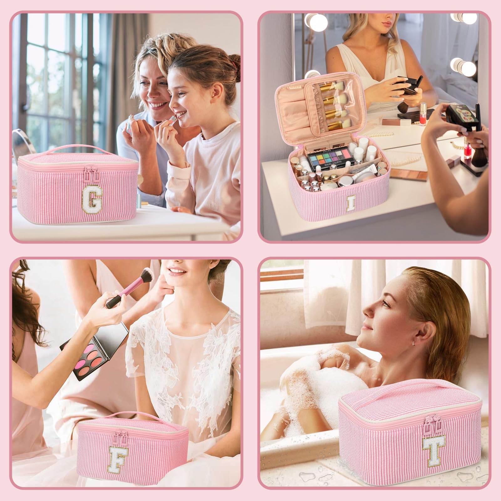 OCHEAL Makeup Bag for Women, Monogram Cosmetic Bag Pink Travel Makeup Case Beauty Toiletry Bag Organizer Personalized Gifts for Girls Bridesmaid, Sister, Wife, Friends Initial J