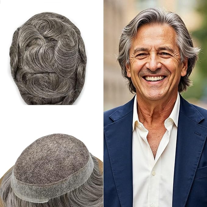 F M FACE MIRACLE NEW YORK Toupee for Men French Lace Center Mens Toupee Hairpiens Human Hair Replacement System Black Brown Blonde Gray Hair Units, 7X9