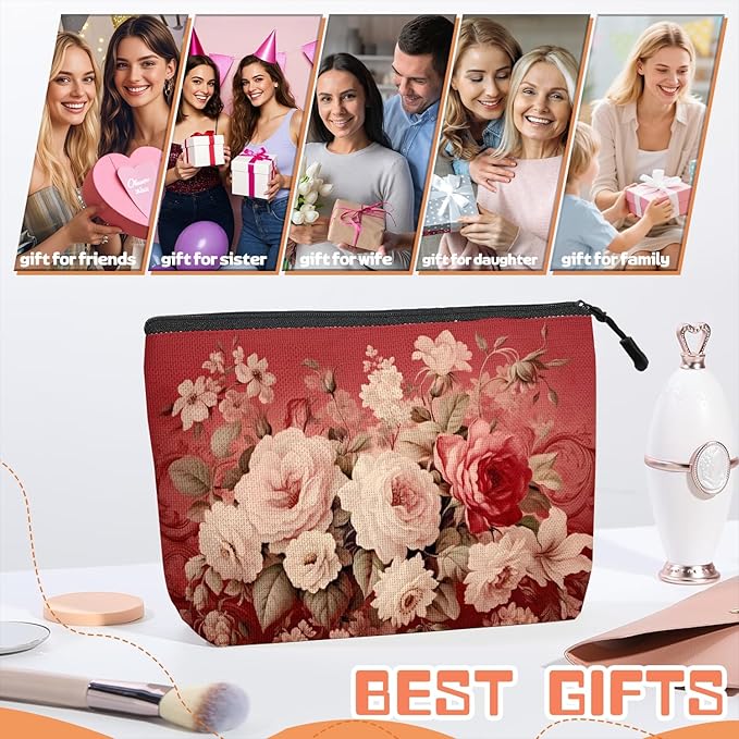 Scribesense Cosmetic Bags Travel Makeup Toilet Case Waterproof Pouch for Women Girls 6.7X9.45inches - Assorted Pale - Colored Flowers on A Red Ornamental Background