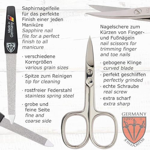 3 Swords Germany - brand quality 10 piece manicure pedicure grooming kit set for professional finger & toe nail care tweezers file clipper fashion leather case in gift box, Made by 3 Swords (01610)