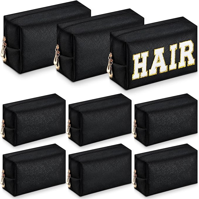 Sanwuta 9 Pcs Makeup Bags Bulk Bridesmaid Proposal Gifts Cosmetic Bags Preppy PU Leather Double Zipper Toiletry Pouch Portable Travel Organizer Case for Women Bachelorette Gift(Black)