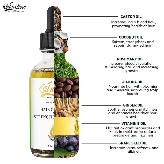 OilnGlow 8 in 1 Natural Hair Growth & Strengthening Oil with Rosemary, Castor, Vegan Jojoba, Coconut, Grape Seed, Ginger & Scalp DHT Blocker Peppermint Oil -2 FL