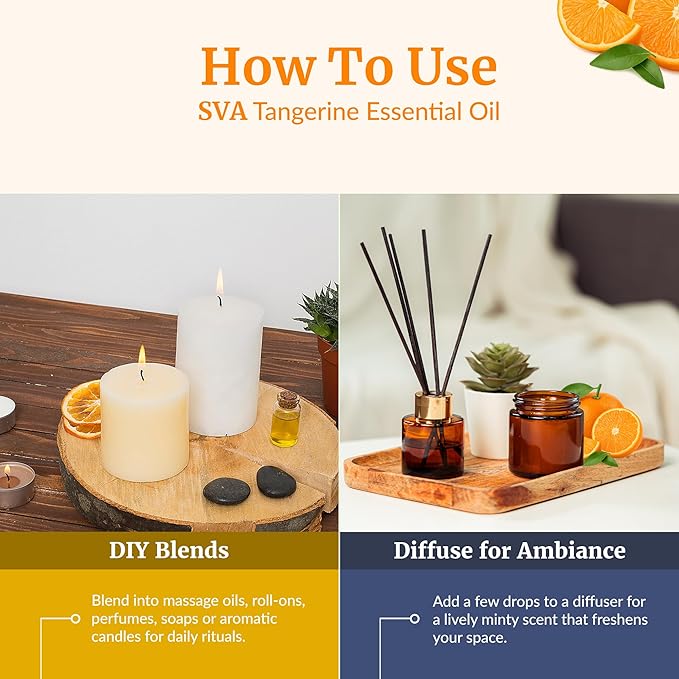 SVA Tangerine Essential Oil 4 Fl Oz – for Diffuser, Skin & Hair Care – Ideal for Massage & DIY Blends – with Dropper