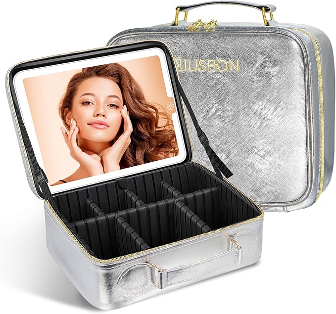 JUSRON Portable Makeup Artist Organizer Bag with Adjustable Dividers, Makeup Brush Holder Storage (Sliver, Large)