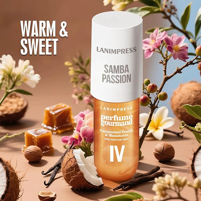 LANIMPRESS 3 FL OZ No.4 Hair Mist and Body Spray for Women,Eau De Parfum, Amber Gourmet Perfume, Sweet Scent– With Notes of Roasted Macadamia Nuts,Caramel Vanilla,Coconutblossom, Travel Size Fragrance