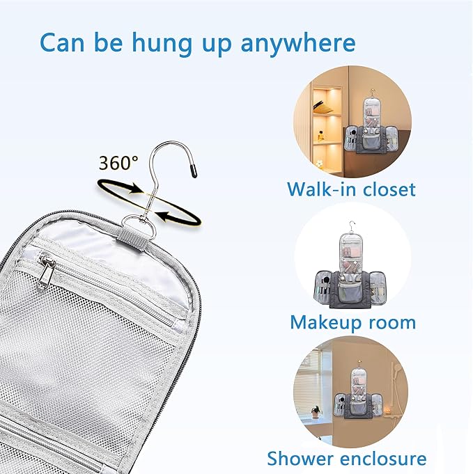 Hanging Travel Toiletry Bag for Men and Women with Metal Swivel Hook, Large Travel Makeup Organizer for Full Sized Cosmetics and Toiletries, Water-Resistant Bathroom Toiletry Bags, Grey