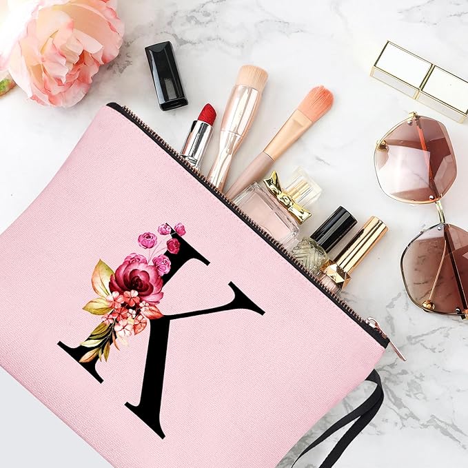 Vavabox A-Z Personalized Makeup Bag, Birthday Gifts for Women Mom, Gifts for Best Friend, Bride Bridesmaid Cosmetic bag (K, 06-Pink)
