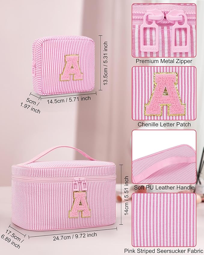 MONSTINA Preppy Chenille Makeup Bag|Personalized Initial Bags with Zipper,Cute Makeup Pouch Stripe Cosmetic Bag,Birthday Gift for Daughter|Preppy Things for Girls,2PCS Pink Q