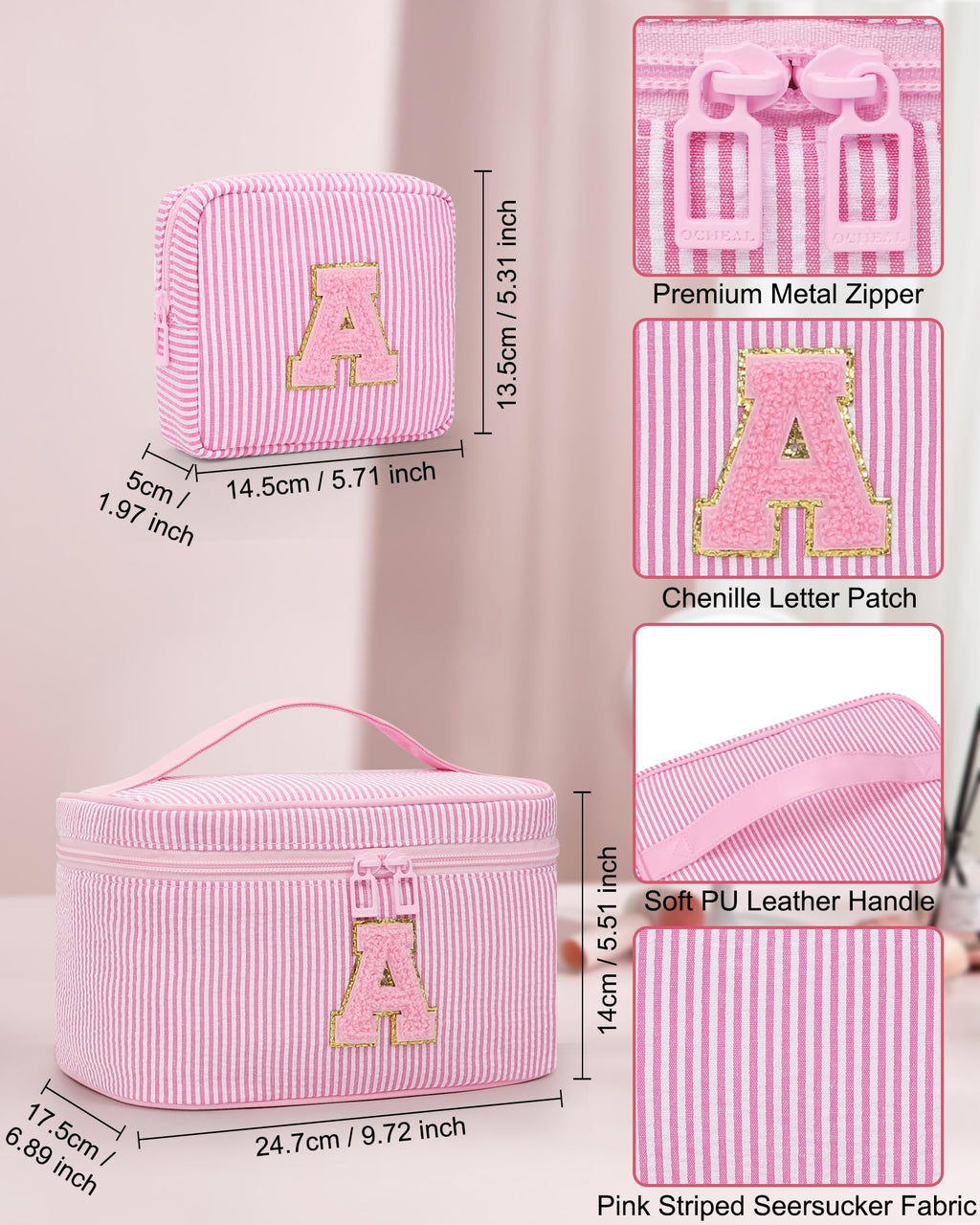 MONSTINA Initial Makeup Bag Valentine's Gifts for Women,Make Up Case for Girlfriend Bridesmaid Wife|Personalized Birthday Gift for Her Cute Toiletry Bag,2PCS,Pink K