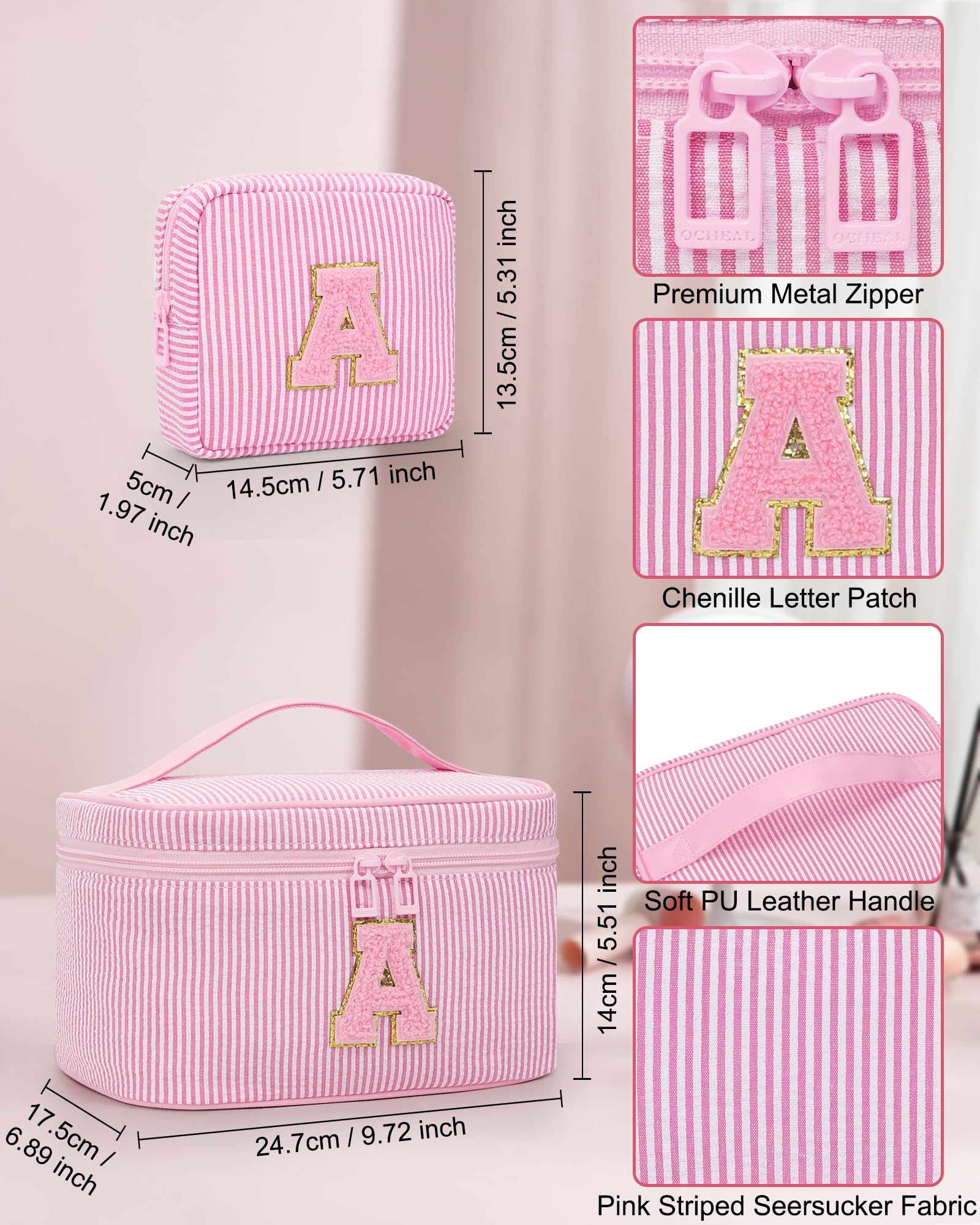 MONSTINA Personalized Initial Makeup Bag Set for Girls&Women,Personalized Make Up Case for Girlfriend Graduation Teacher Gifts,Cute Toiletry Bag Preppy Chenille Letter Patch,2PCS,Pink V