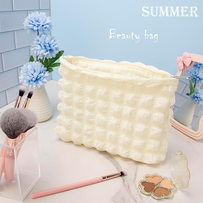 Flat Makeup Bag for Women,Zipper Cosmetic Pouch for Purse,Bubble Beige
