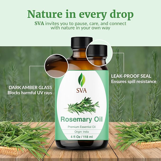 SVA Rosemary Essential Oil – 4 Fl Oz - for Diffuser, Skin & Hair Care – Ideal for Aroma, Massage & DIY Blends– with Dropper