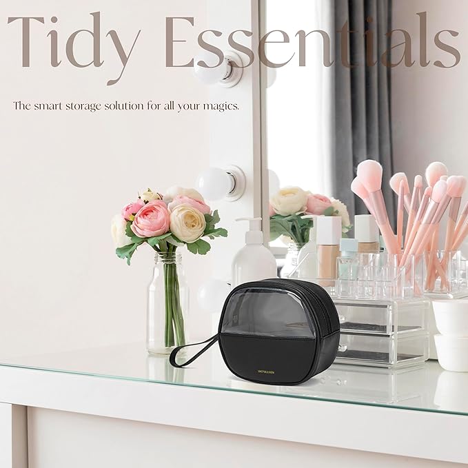 Vacfulliven Clear Makeup Bag for Travel, Mini Waterproof Cosmetic Organizer with Zipper, Portable Transparent Toiletry Bag for Women & Men (6.7x6 Inch) - Fits Makeup, Skincare, Jewelry (Black)