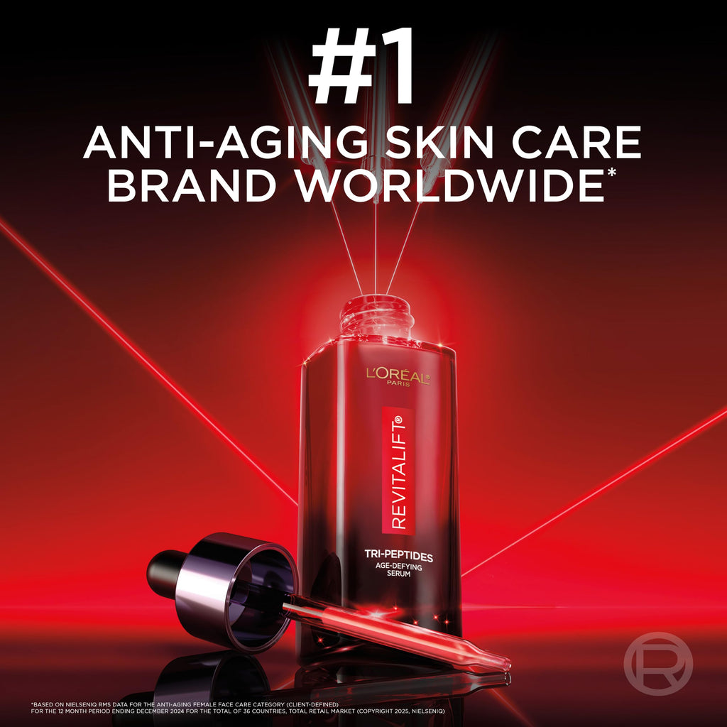 L'Oreal Paris Revitalift Triple Power Face Serum with Tri-Peptides, Hyaluronic Acid and Vitamin C, Anti Aging, Anti Wrinkle Serum to Firm and Brighten, 1 FL oz, + Sample