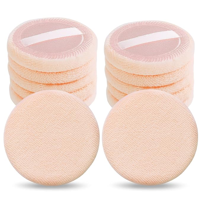 Sibba Loose Powder Make Up Puff 12 Pieces Round Velour Face Makeup Compact Body Container Setting Pressed Blending Foundation Cream Make Up Ribbon Strap Sponge Cushion Applicator (Skin Color)