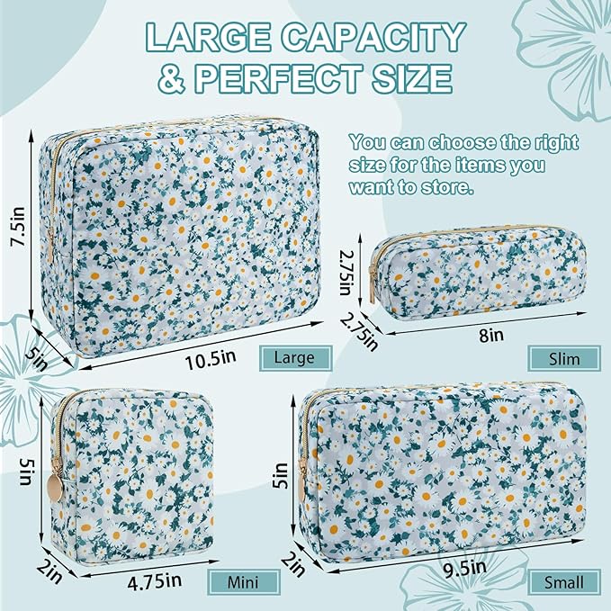 UIXIZQ Waterproof Large Floral Makeup Pouch,Nylon Travel Toiletry Storage Purse Preppy Cosmetic Bag for Women Girl,Large Capacity Makeup Organizer Zipper Pouch for Work(L Green-Daisy)