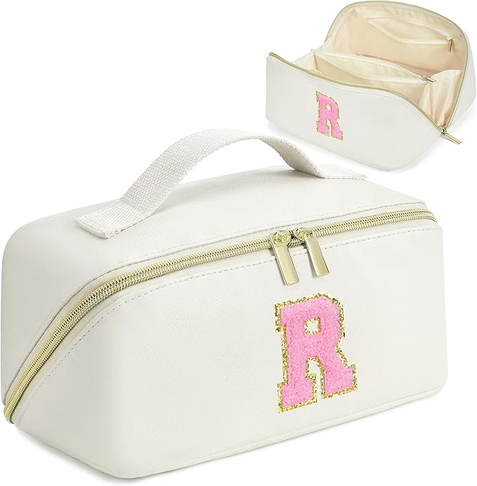 for Valentines Day Gifts, Makeup Bag for Women, PU Leather Travel Toiletry Bags, Initial Make Up Cosmetic Pouch for Teen Girls, Wide Open Portable Skincare Bag, Personalized Birthday Gifts, White R