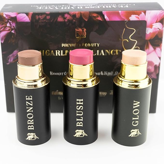 Cream Contour Stick Set – Blush, Bronzer & Highlighter Trio | Hydrating, Buildable, High-Pigment Makeup with Shea Butter & Vitamin E | Phoenix Beauty Gift Set (Enchanted)