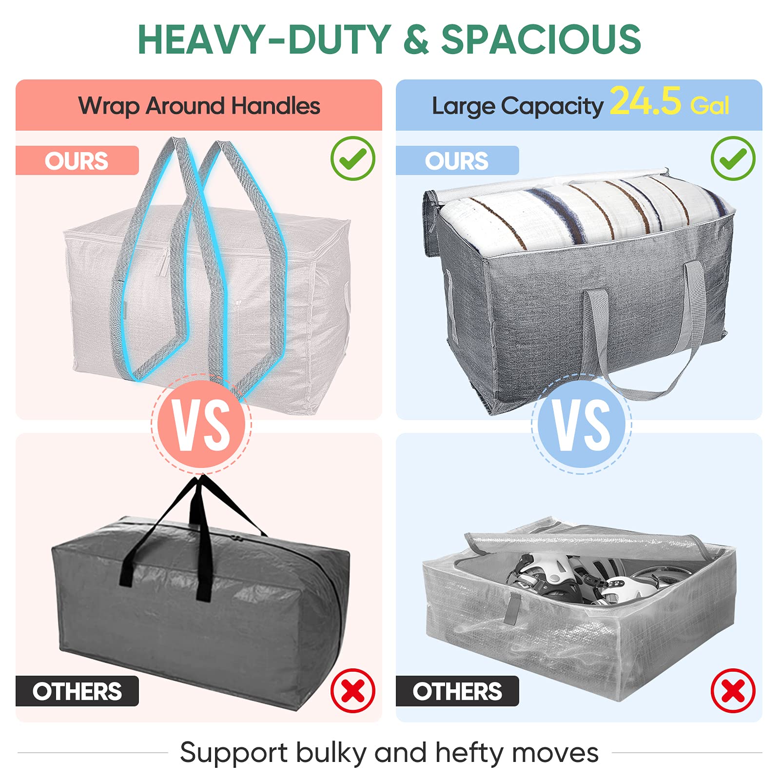 BALEINE 4-Pack Oversized Moving Bags with Reinforced Handles, Heavy-Duty Storage Tote for Clothes, Moving Supplies (Winter Grey, 4-Pack)