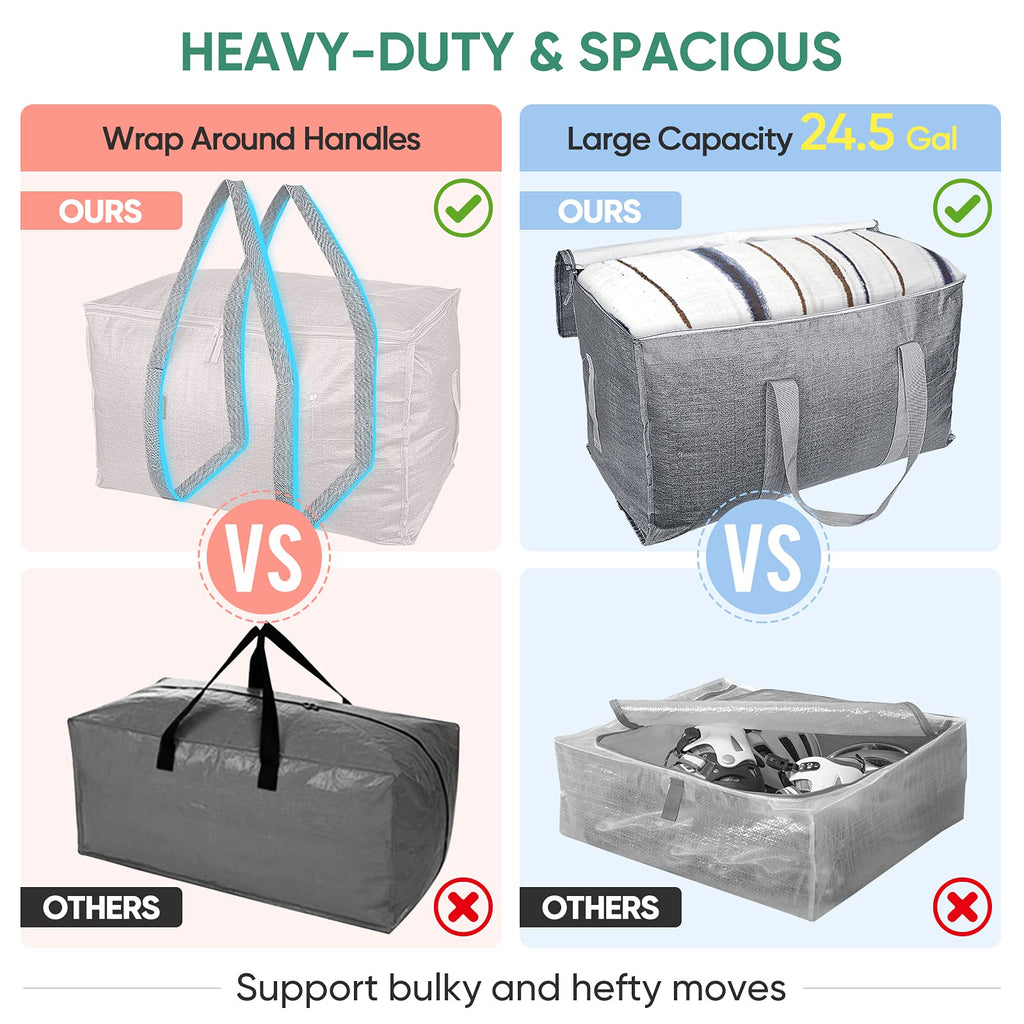BALEINE 6-Pack Oversized Moving Bags with Reinforced Handles, Heavy-Duty Storage Tote for Clothes, Moving Supplies (Winter Grey, 6-Pack)