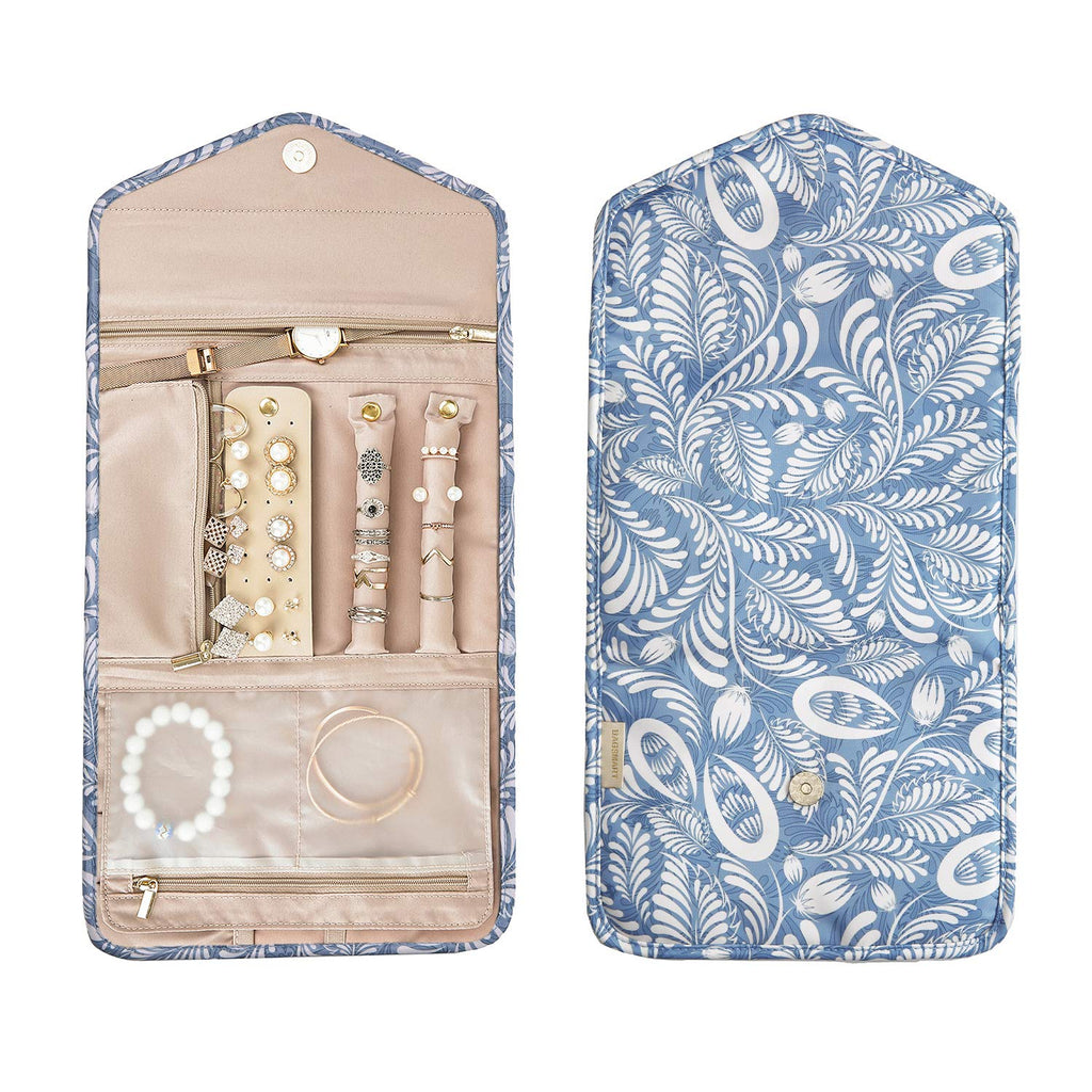 BAGSMART Travel Jewelry Organizer Roll Foldable Jewelry Case, White Leaf
